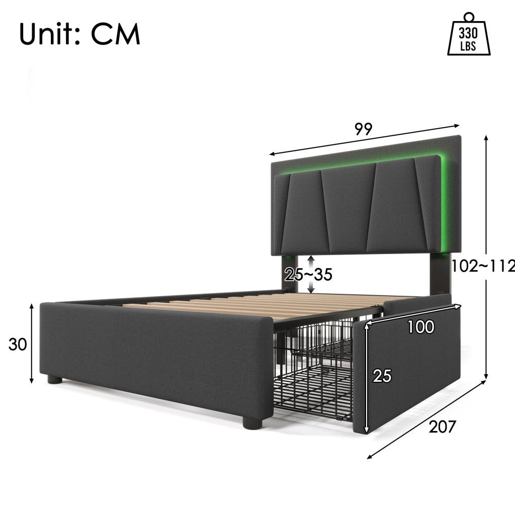 Letto singolo imbottito 90x200 cm con LED e 2 cassetti grigio