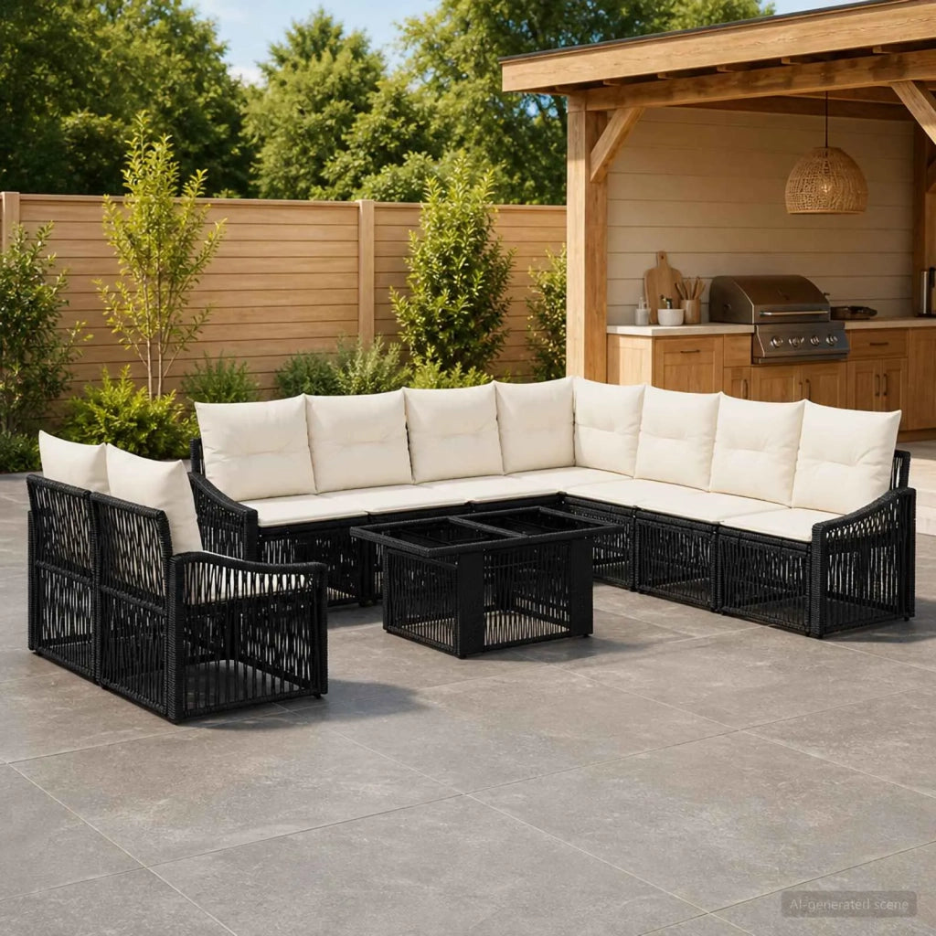 Set Divano da Giardino 10 pz Nero e Bianco Crema polyrattan 3437269