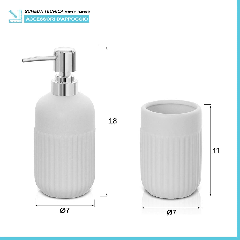 Set accessori bagno in ceramica bianca opaca con dispenser sapone e due portaspazzolini Cup