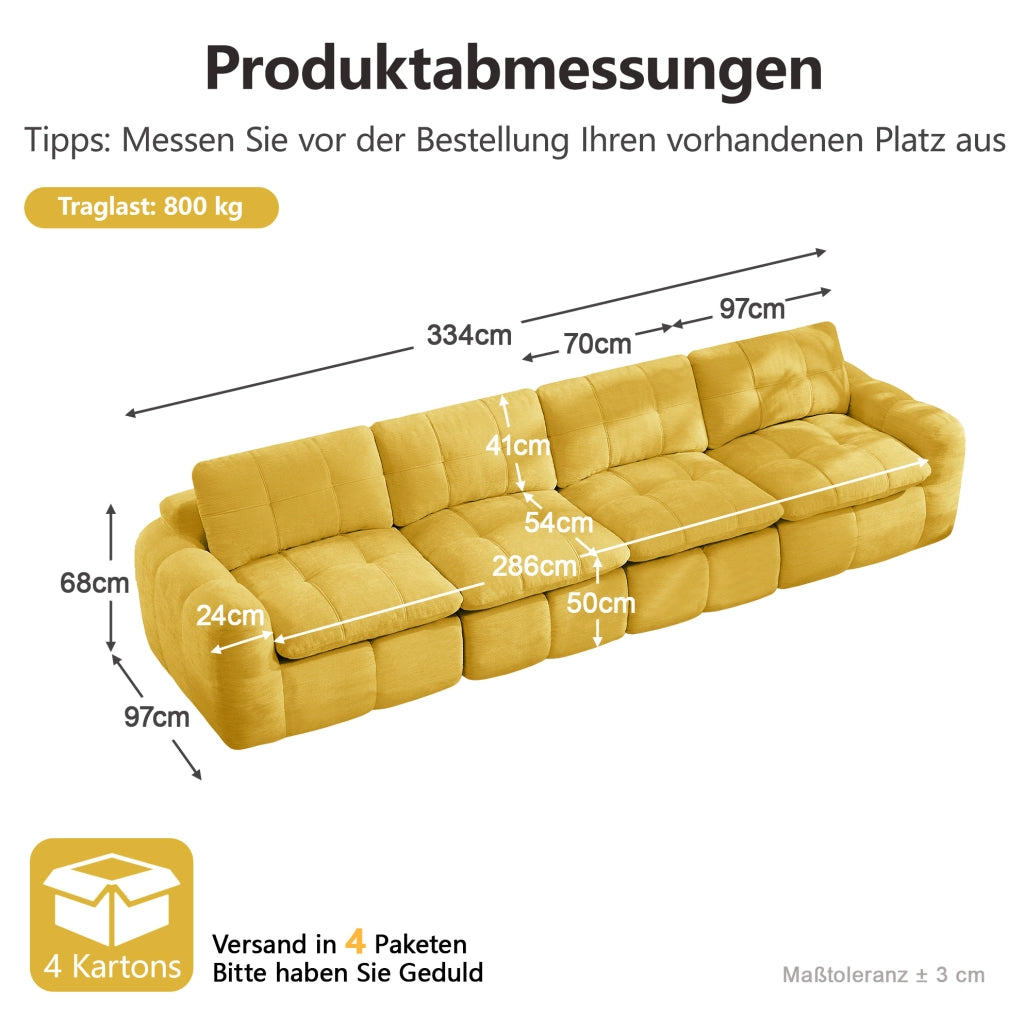 Divano modulare 4 posti in chenille giallo; 334x97x68 cm; seduta ampia e profonda
