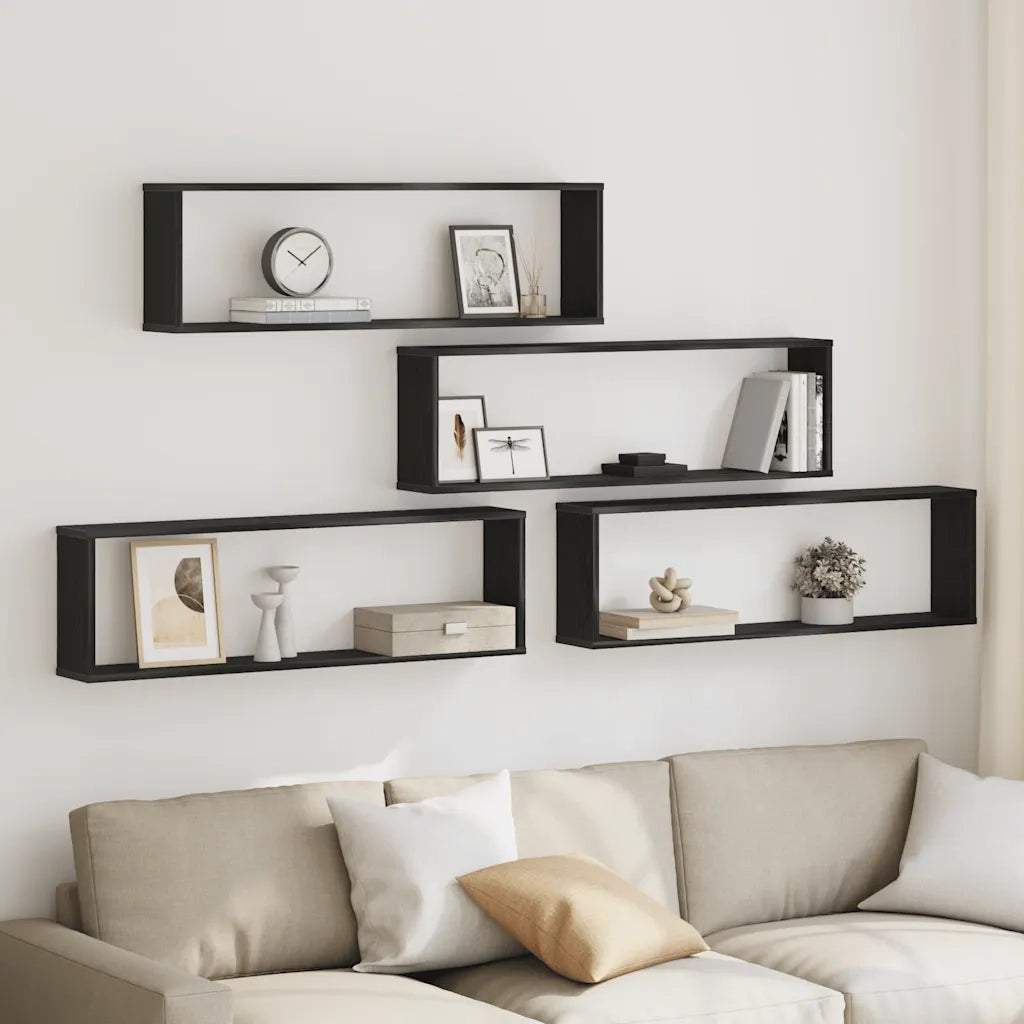 4 pz Mensole Parete | Mensola sospesa Cubo Rovere Nero 100x15x30 cm Multistrato