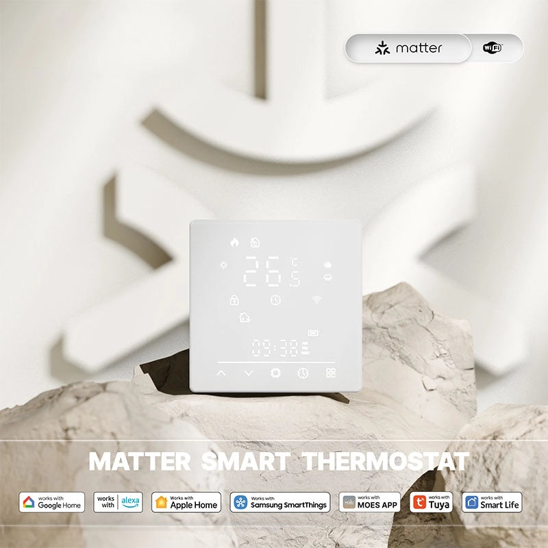 Termostato Matter WIFI 2.4G TUYA, Smart Life, Apple Home, Google Home, Alexa, Samsung SmartThings Riscaldamento Pavimento Con Acqua Bianco 5A 95-240V IP20