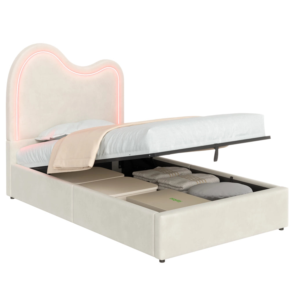 Letto singolo imbottito per bambini 90x200 cm con vano contenitore; velluto beige
