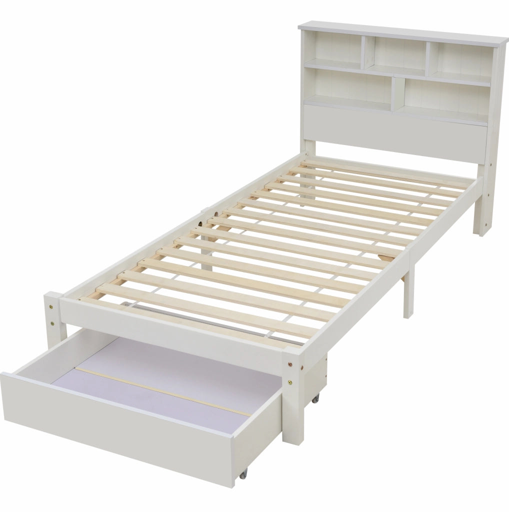 Letto singolo 90x200 cm con testiera a libreria e cassetti; legno; bianco (Senza materasso)