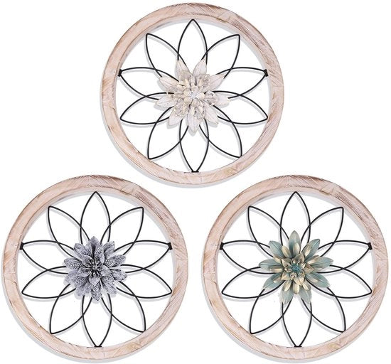 Decorazione per Parete Rustica - 3 Pezzi - Decorazione per Parete Metallo/Legno - Decorazione di Casetta - Camera da Soggiorno/Camera da Letto - Design Unico con Fiori 3D - Decorazione per Muro