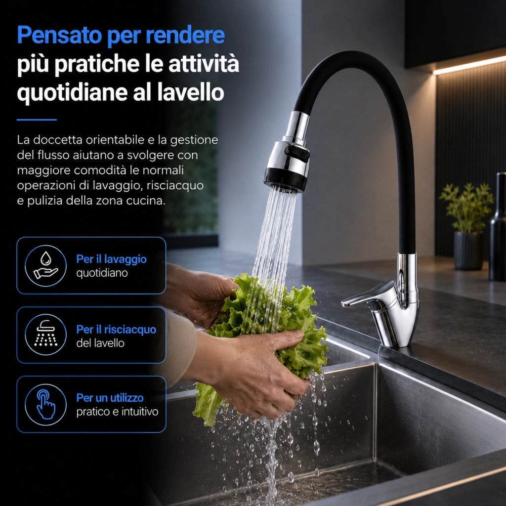 Rubinetto Cucina Doccetta 2 Getti Tubo Girevole Flessibile Silicone  Nero