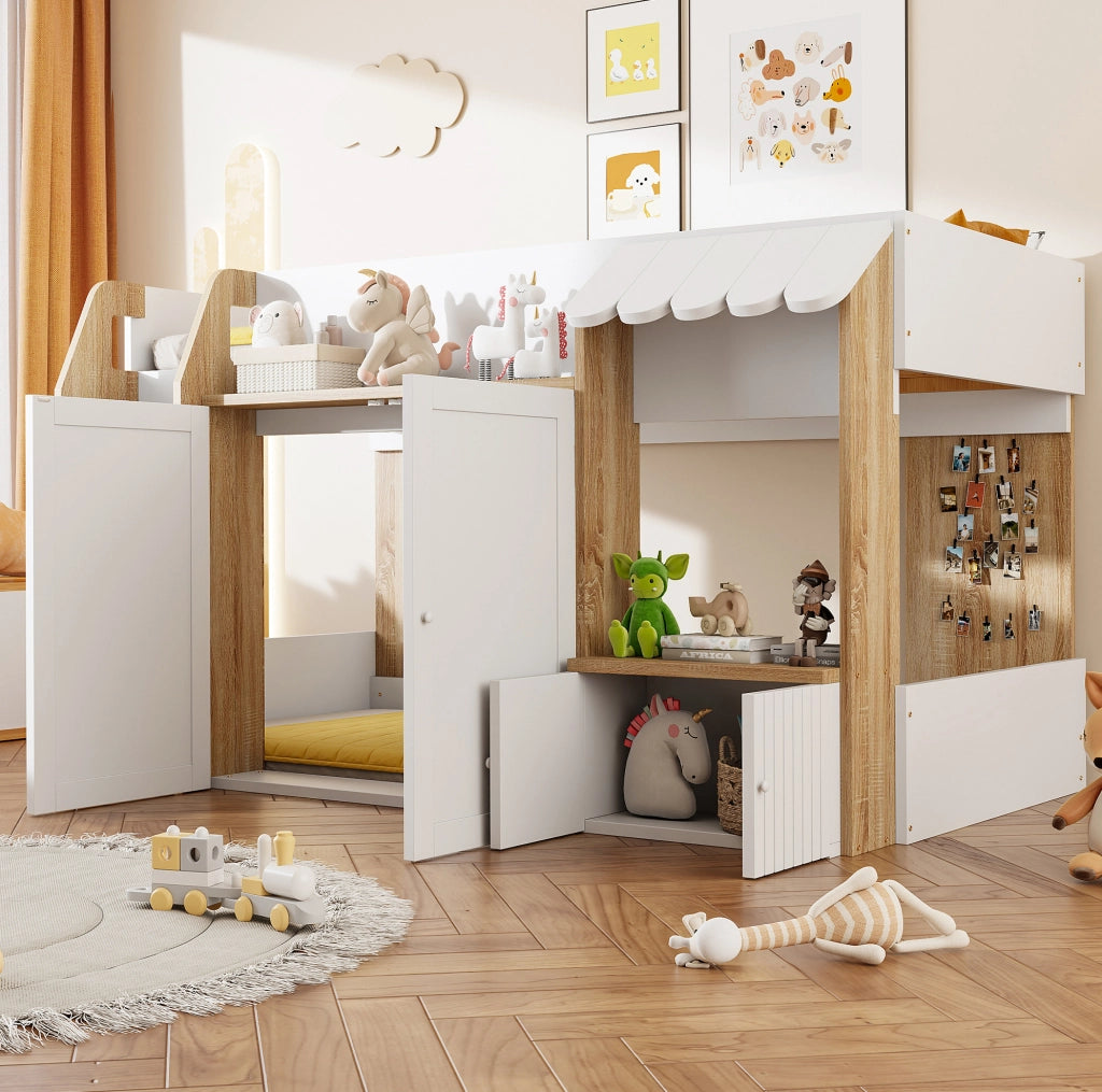 Letto a soppalco 90x200 cm con scala e contenitore in legno bianco e colore naturale