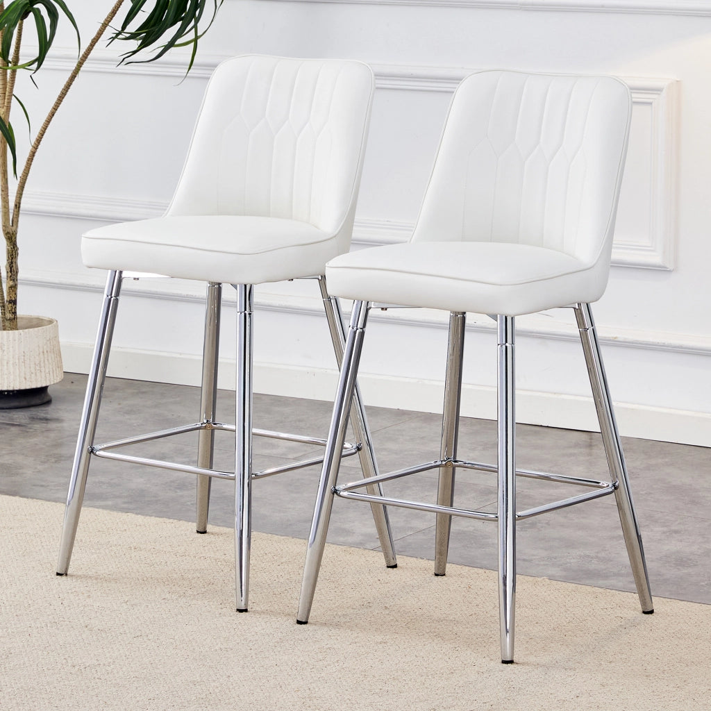 Sgabelli da bar, 2 pezzi in pelle PU bianca con schienale, poggiapiedi e struttura in metallo argentato, altezza 100 cm