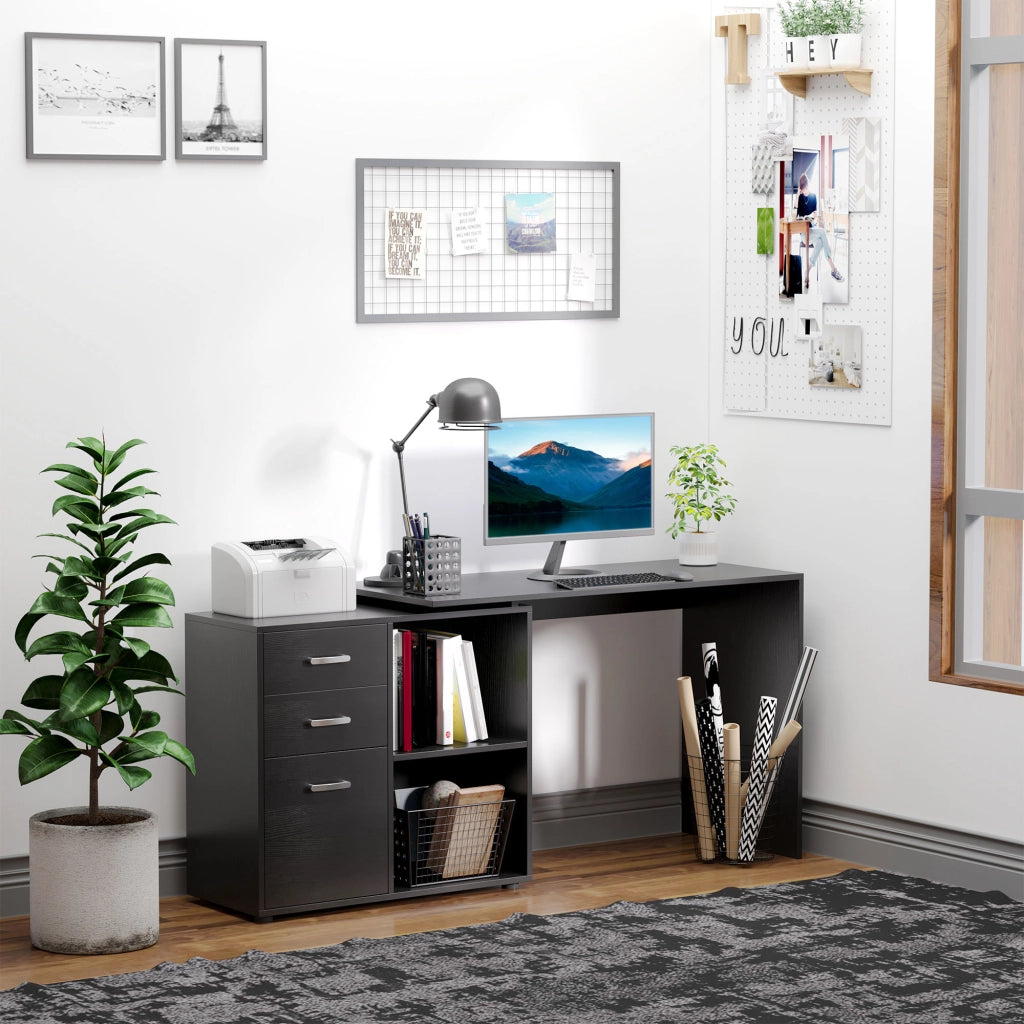 Scrivania Angolare per PC con 2 Cassetti e Ripiani Aperti ¨C Zephmum ¨C Legno e Metallo, Nero, 117x83.5x76 cm