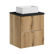 Set VANO effetto quercia e nero 50cm: mobile sottolavabo con cassetti + piano per lavabo + lavabi rettangolari da appoggio