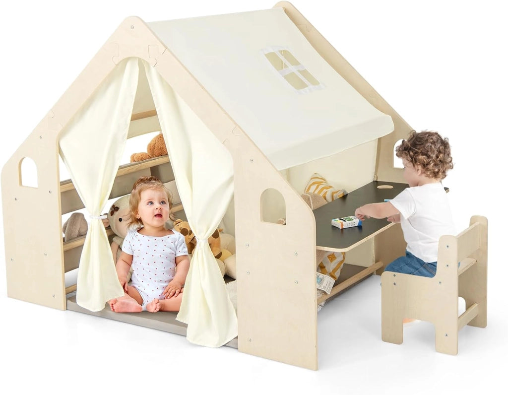 6 in 1 Tenda per Bambini in Legno, Tenda Casetta da Gioco con Tavolo e Sedia, con Tappetino Lavagna e 6 Scatole Portaghiochi, Capanna per Bambini (Grigio 98 x 131 x 113 cm)