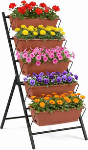 Fioriera Verticale a 5 Livelli, Orto Rialzato a Scaletta da Interno e Esterno, Scaffale Porta Piante Salvaspazio in Metallo con Fori di Drenaggio e 5 Sottovasi Rimovibili (Terracotta)