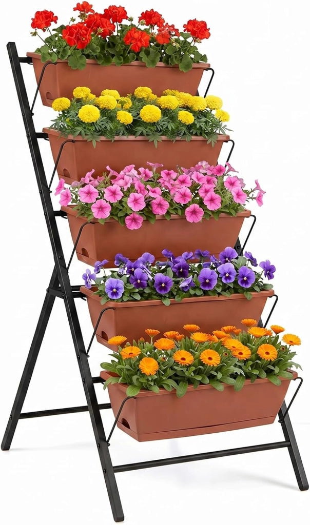 Fioriera Verticale a 5 Livelli, Orto Rialzato a Scaletta da Interno e Esterno, Scaffale Porta Piante Salvaspazio in Metallo con Fori di Drenaggio e 5 Sottovasi Rimovibili (Terracotta)