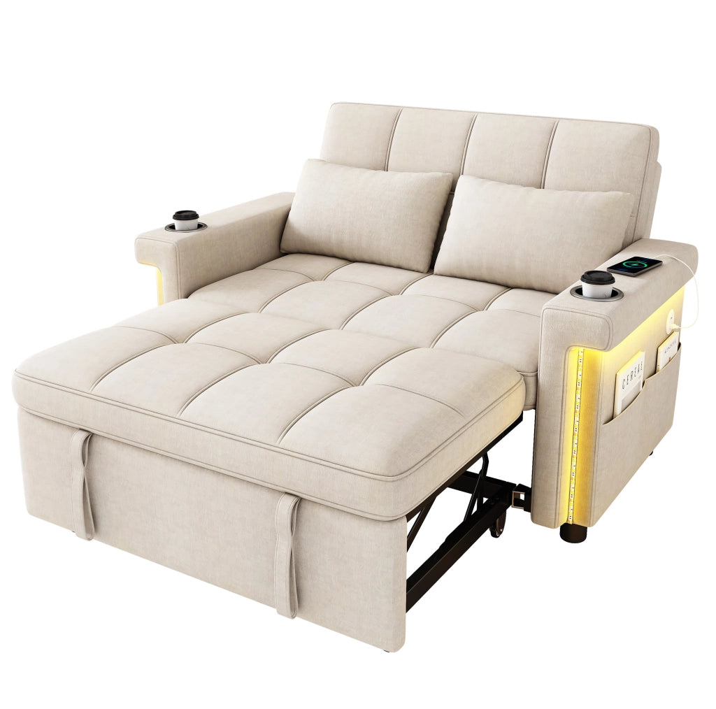Divano letto 2 posti trasformabile con LED; USB/Type-C; schienale regolabile; chenille beige