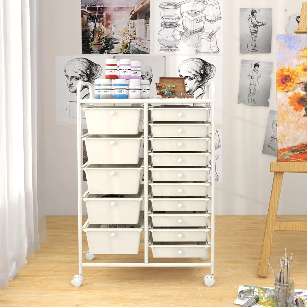 Carrelli Porta Oggetti, con 10+5 Cassetti Impilabili, 2 Ruote Bloccabili, Braccioli Metallici, Portabile e Pratico, per Ufficio, Studio, Cucina,Bagno, 5 Colori Disponibili, 62,5x37x87 cm