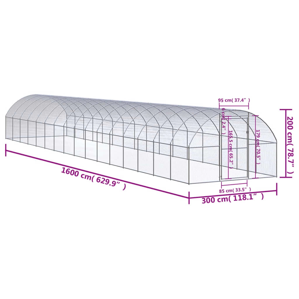 Pollaio recinto per polli da esterno 3 x 16 x 2 m acciaio zincato argento 02_0044002