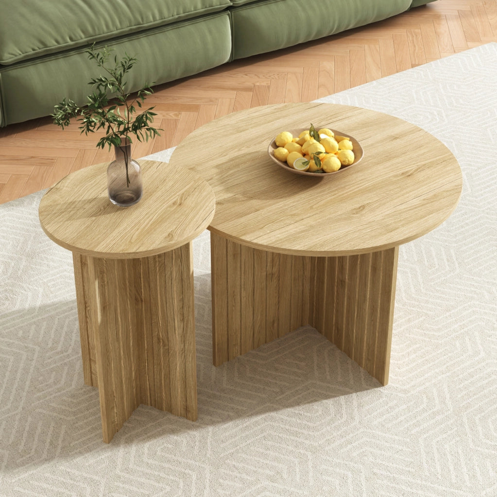 Set di 2 tavolini da salotto rotondi 76x76x50 cm e 40x40x56.5 cm; MDF e pannello truciolare; colore legno