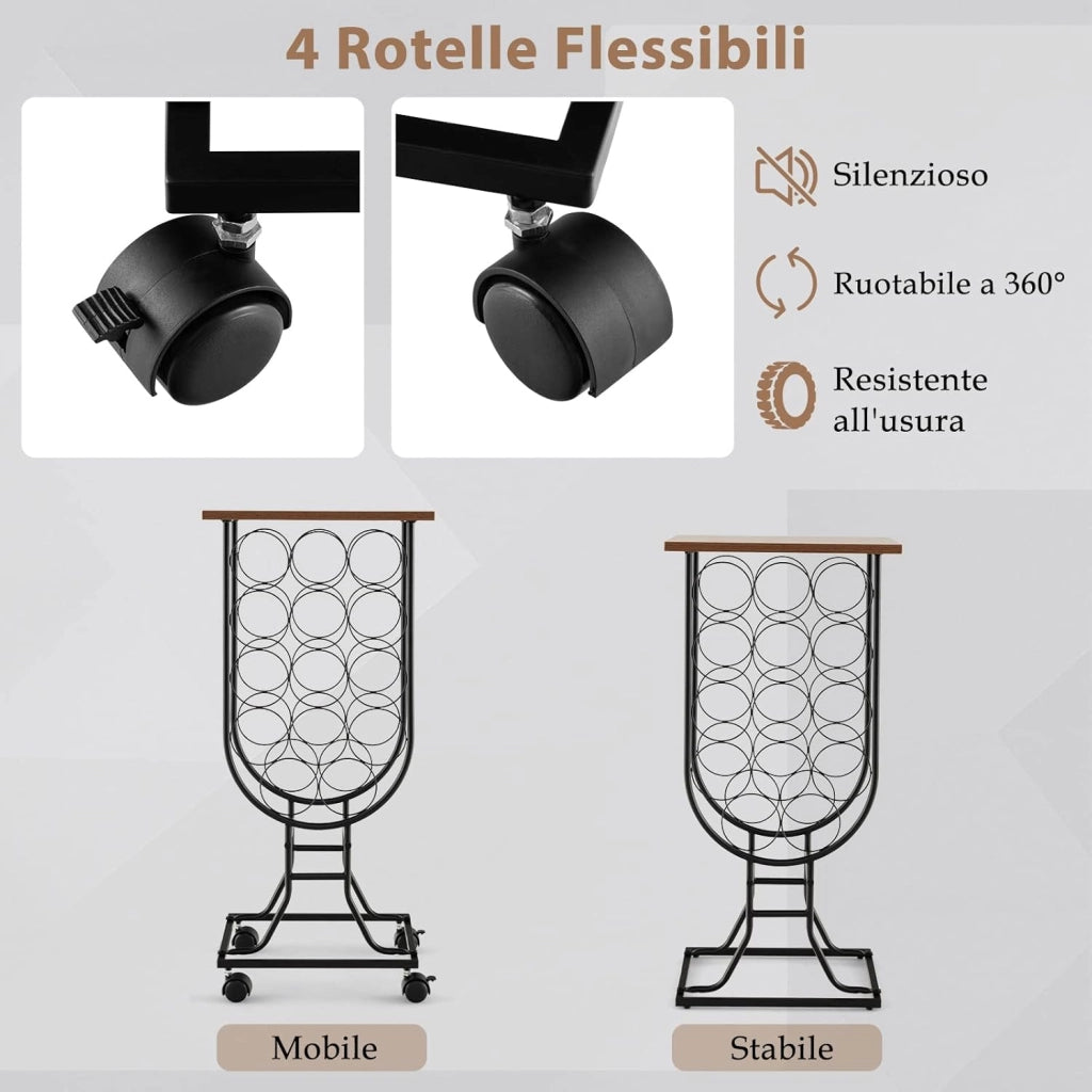 Portabottiglie per Vino con Ruote Staccabili e Bloccabili, Cantinetta Vino Stile Rustico per 14 Bottiglie, con Piano in Legno e Struttura in Metallo, Mobile Bar per Soggiorno e Cucina