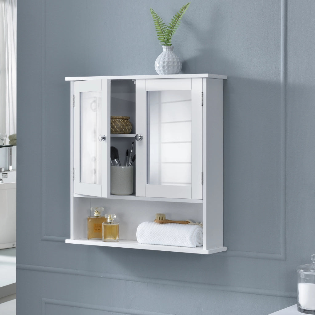 Armadietto Pensile da Bagno con Ante a Specchio e Scomparto Aperto - Bianco [en.casa]