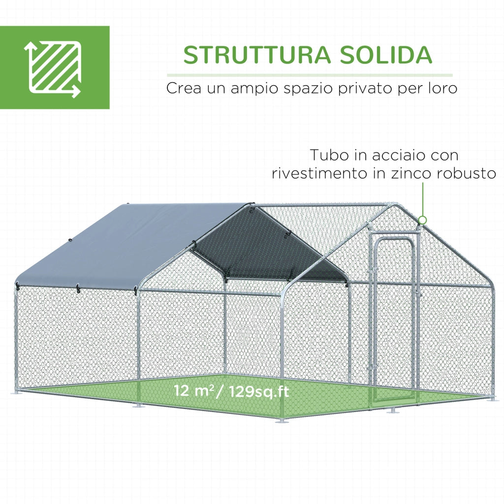 Easycomfort Pollaio per Galline da Esterno in Metallo con Copertura in Tessuto Oxford, 300x400x195 cm, Argento
