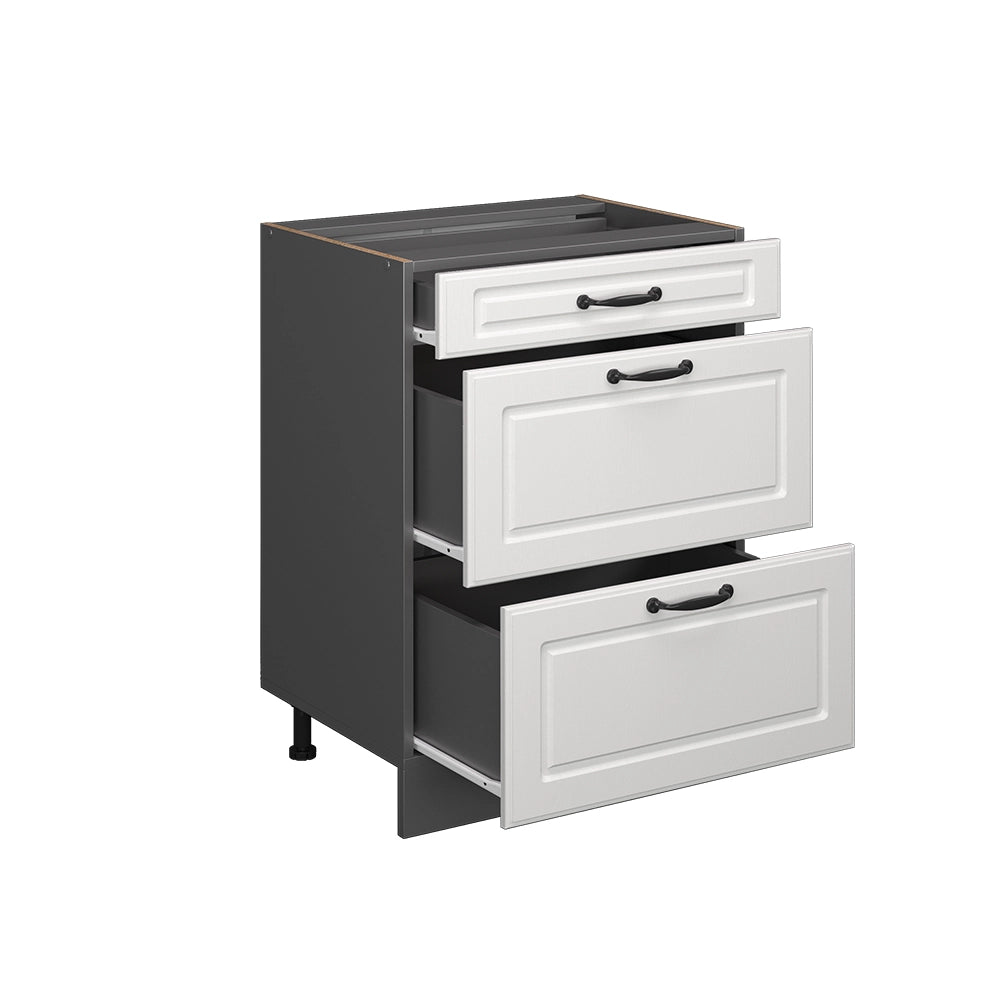 Mobiletto base per cucina R-Line Bianco rustico/Antracite 60 cm con cassetti, senza piano di lavoro Vicco