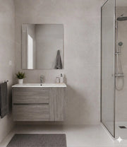 Mobile Bagno HEIMDALL Già Montato 2 cassetti e porta, lavabo e specchio Rovere affumicato 90x45 cm
