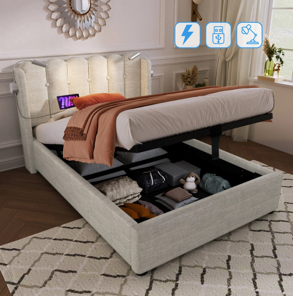 Letto singolo imbottito contenitore 90x200 cm in lino naturale con luce da lettura e USB
