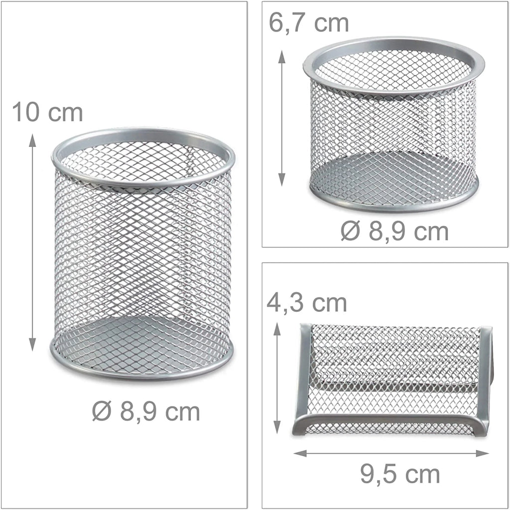 Set di 6 articoli per ufficio: cestino portapenne blocco note porta biglietti da visita organizer per posta contenitore in metallo argento 13_0002465