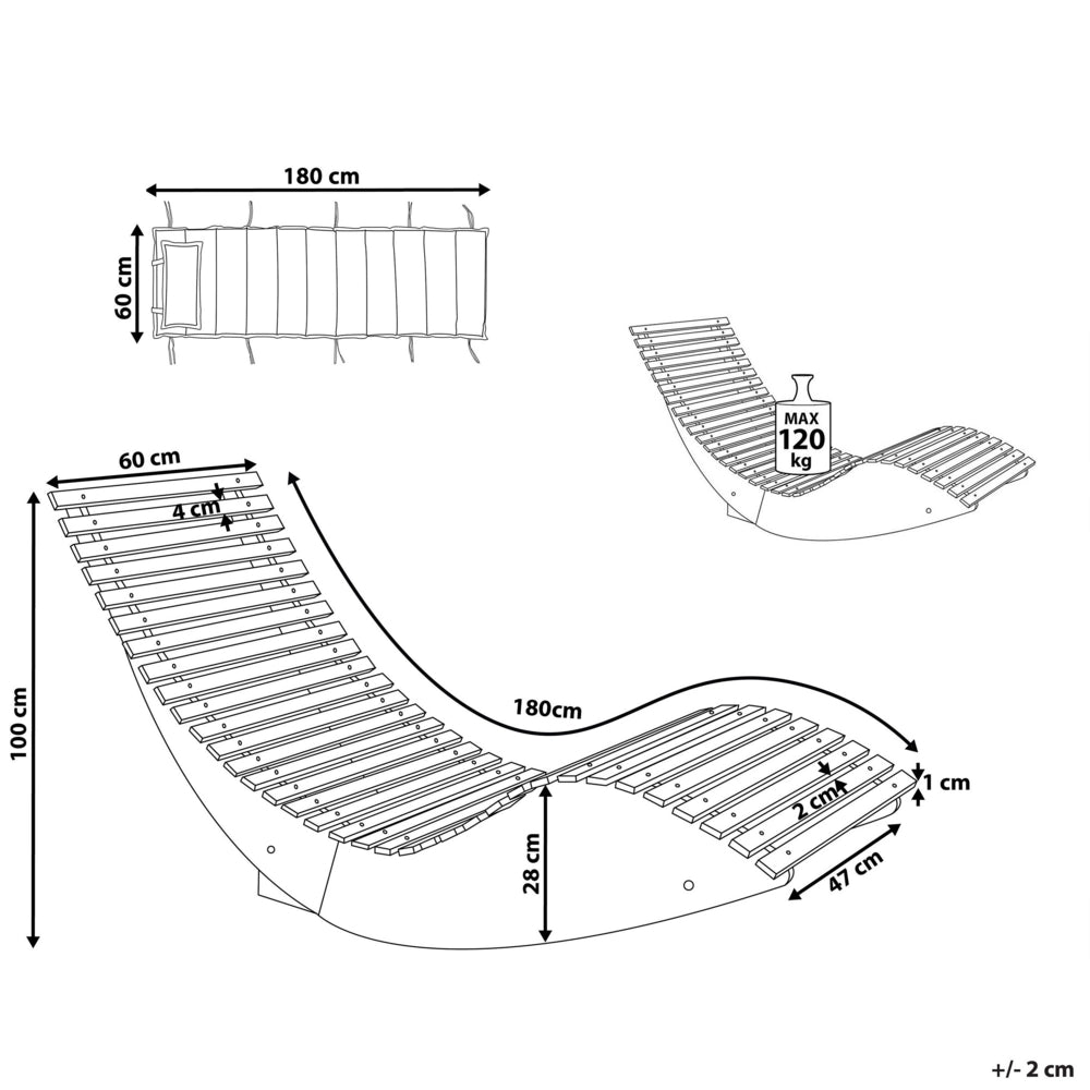 Lettino prendisole a doghe in legno di acacia chiaro con design a dondolo a forma curva con cuscino di seduta blu