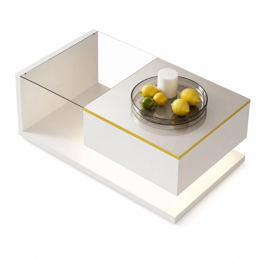 Tavolino da caff¨¨ 90 x 50 cm in bianco lucido con piano in vetro e LED