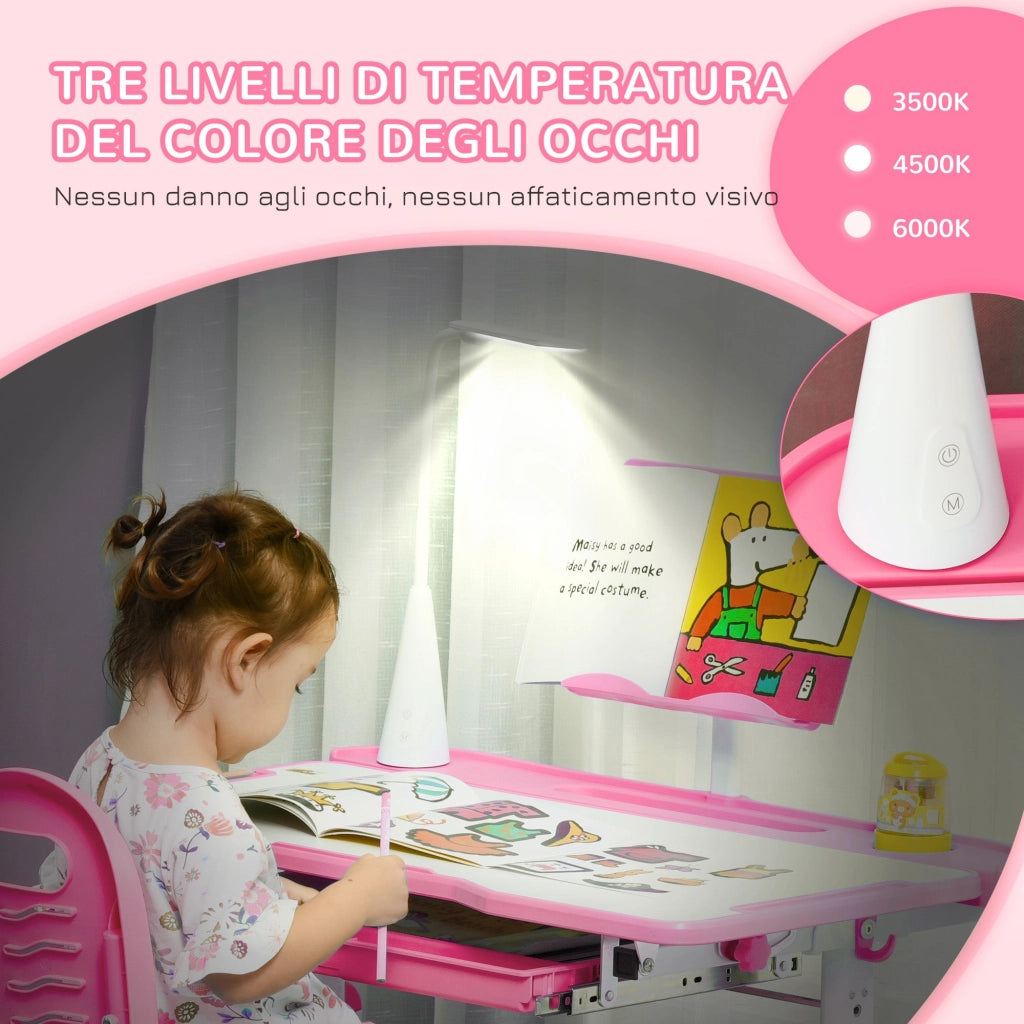 Banco Scuola per Bambini Piano Inclinabile con Luce e Sedia Regolabile Rosa