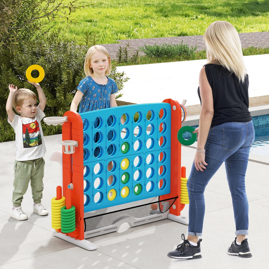 Set di gioco 4 in fila jumbo con lancio anelli e canestro basket, Gioco regolabile in altezza con golf porta bicchieri e borsa trasporto per feste Blu