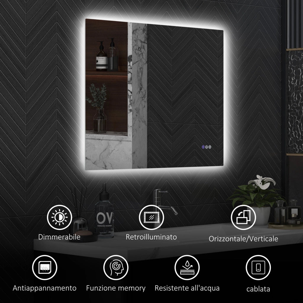 Specchio da Bagno Antiappannamento Retroilluminato LED Luminosità Regolabile 80x60x4 cm