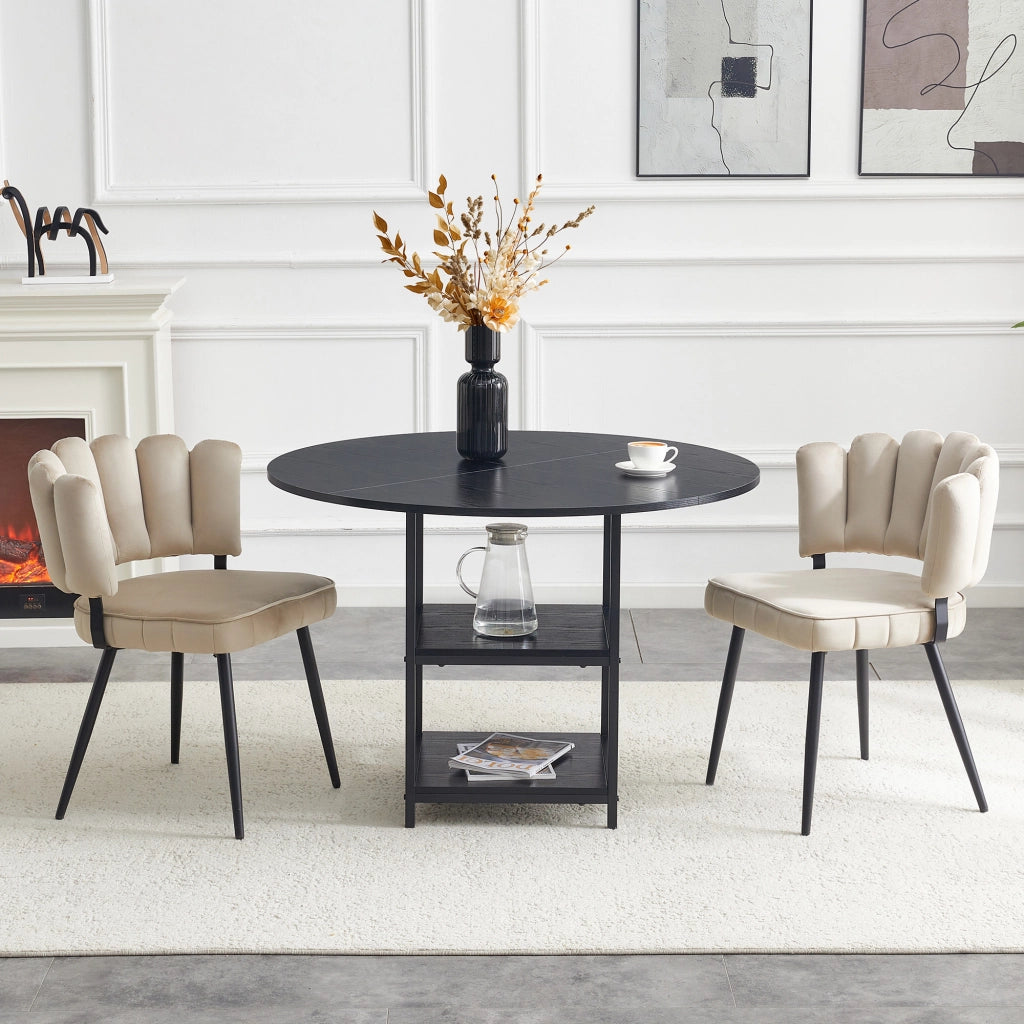 Set tavolo da pranzo e sedie con 1 tavolo rotondo e 2 sedie; 2 ripiani; MDF e metallo nero; tessuto marrone chiaro