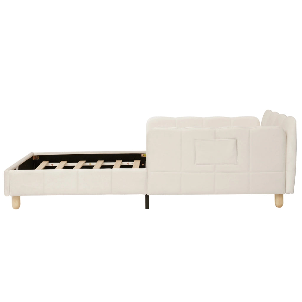 Letto per bambini imbottito in velluto beige con testiera ergonomica e tasche laterali