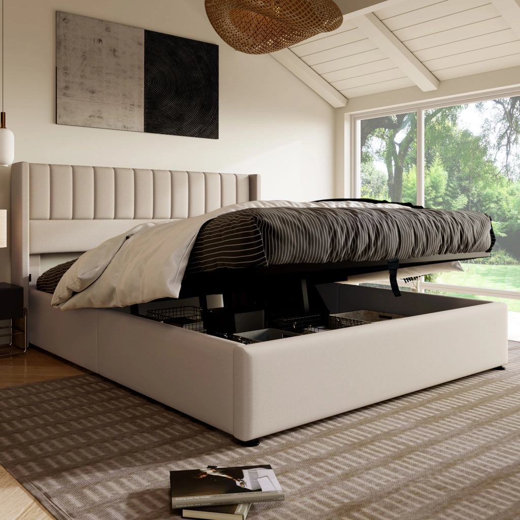 OKWISH Letto Contenitore 160×200 cm, Letto Matrimoniale con Contenitore Idraulico e Testiera Imbottita, senza Materasso, in Lino, Beige