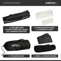 Softbox Studio Striplight 22 x 90 cm, sagomatore di luce girevole a 360°, con funzione ombrello, incluso griglia, maschera, adattatore Bowens e borsa, per fotografia di prodotti e persone