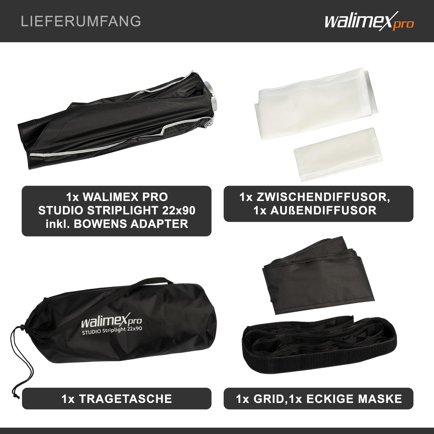 Softbox Studio Striplight 22 x 90 cm, sagomatore di luce girevole a 360°, con funzione ombrello, incluso griglia, maschera, adattatore Bowens e borsa, per fotografia di prodotti e persone