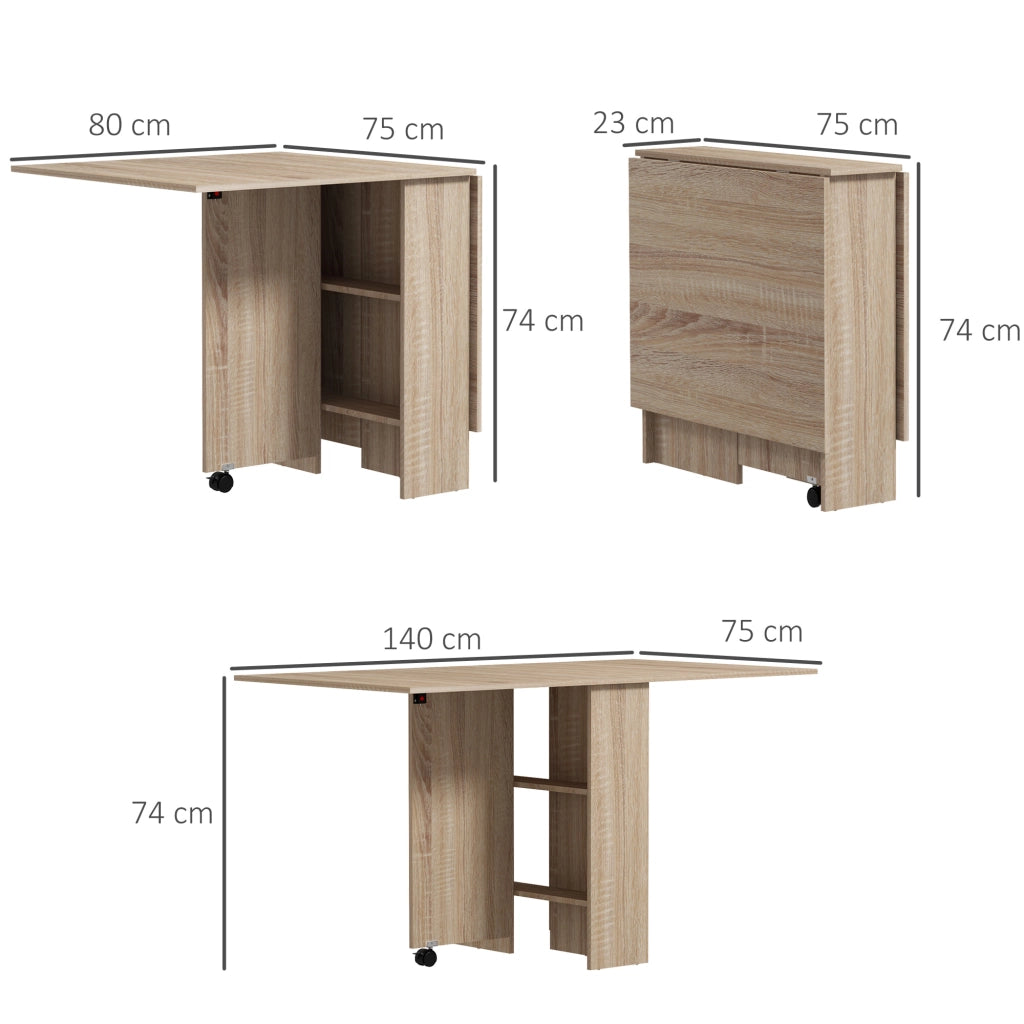 Tavolo da pranzo pieghevole con ruote e ripiani ¨C zephmum ¨C naturale 140x80x74