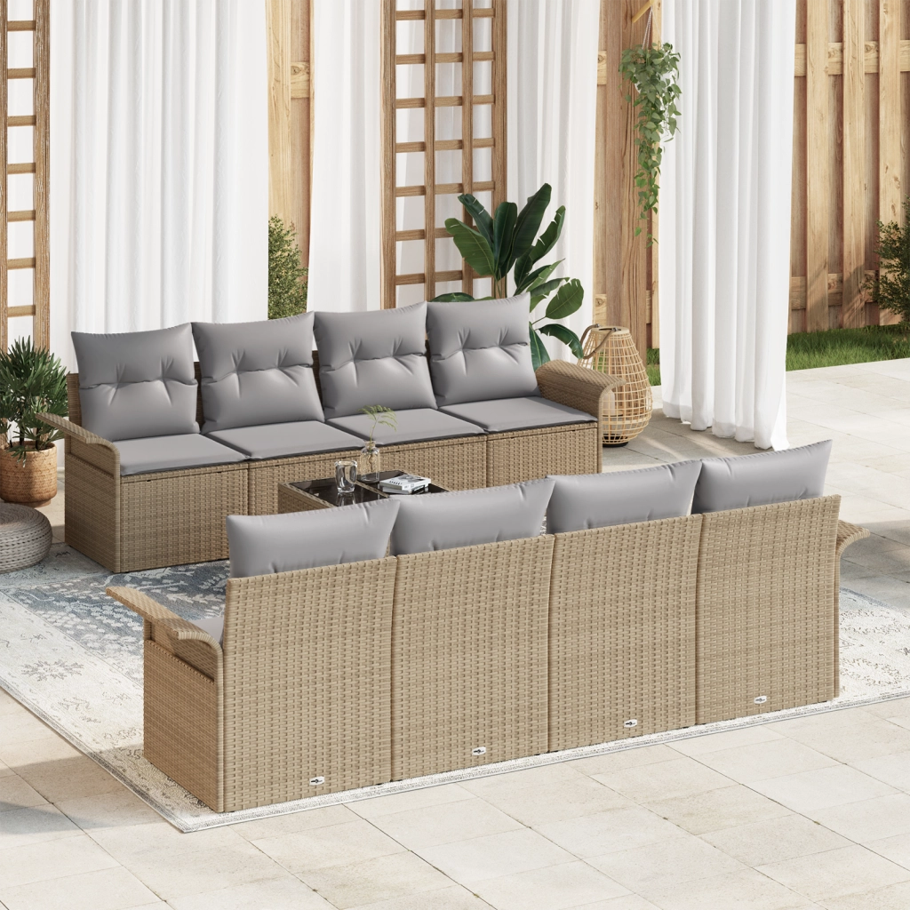 Set di SofÃ  da Giardino 9 Pezzi con Cuscini Beige in Rattan Sintetico