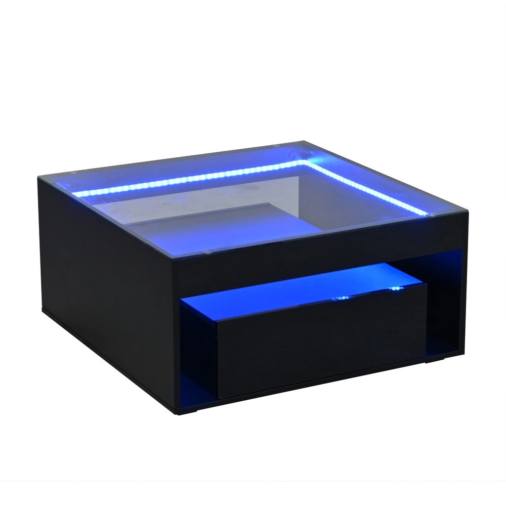 Tavolino da Caff¨¨ con LED e Cassetti ¨C MINIMAL ¨C Vetro Temperato, Nero, 70x70x35