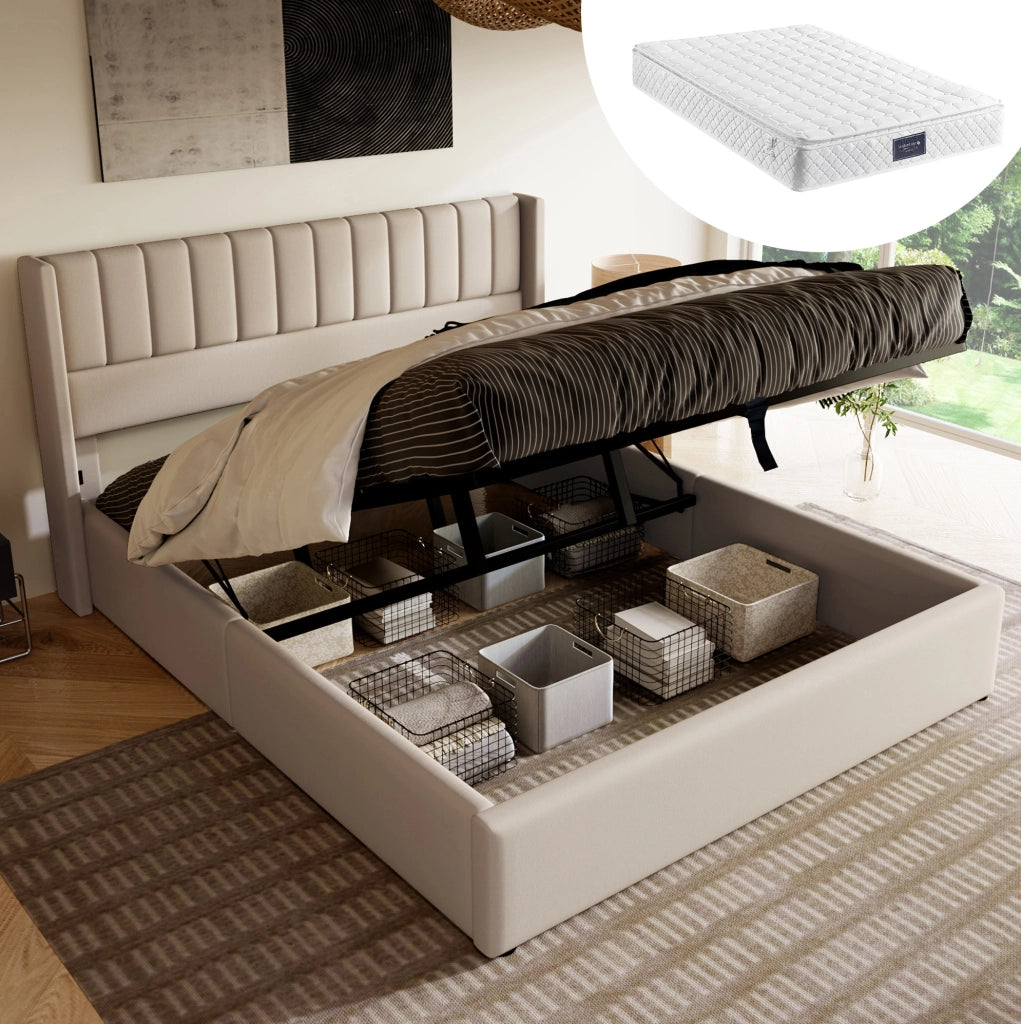 Letto contenitore idraulico 140x200 cm beige con materasso