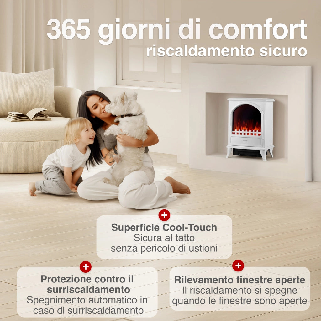 KAMINIO Camino elettrico LENI - Stufa elettrica con riscaldamento, effetto fiamma 3D - Bianco