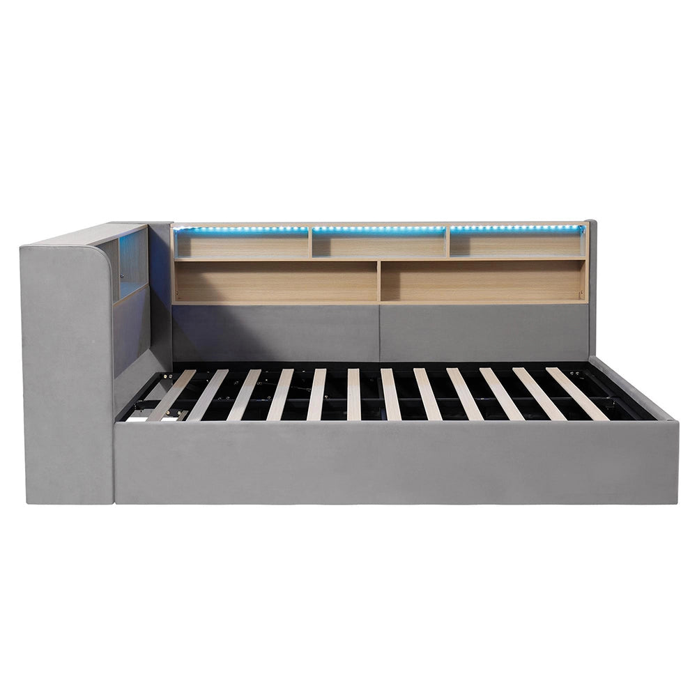 Divano letto con contenitore idraulico - Xylo - 140x200 cm - Grigio - LED, USB, velluto