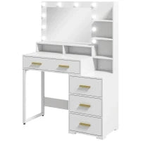 Tavolo da Trucco in Legno con 4 Cassetti, 6 Ripiani Aperti e Specchio, 100x40x138 cm, Bianco