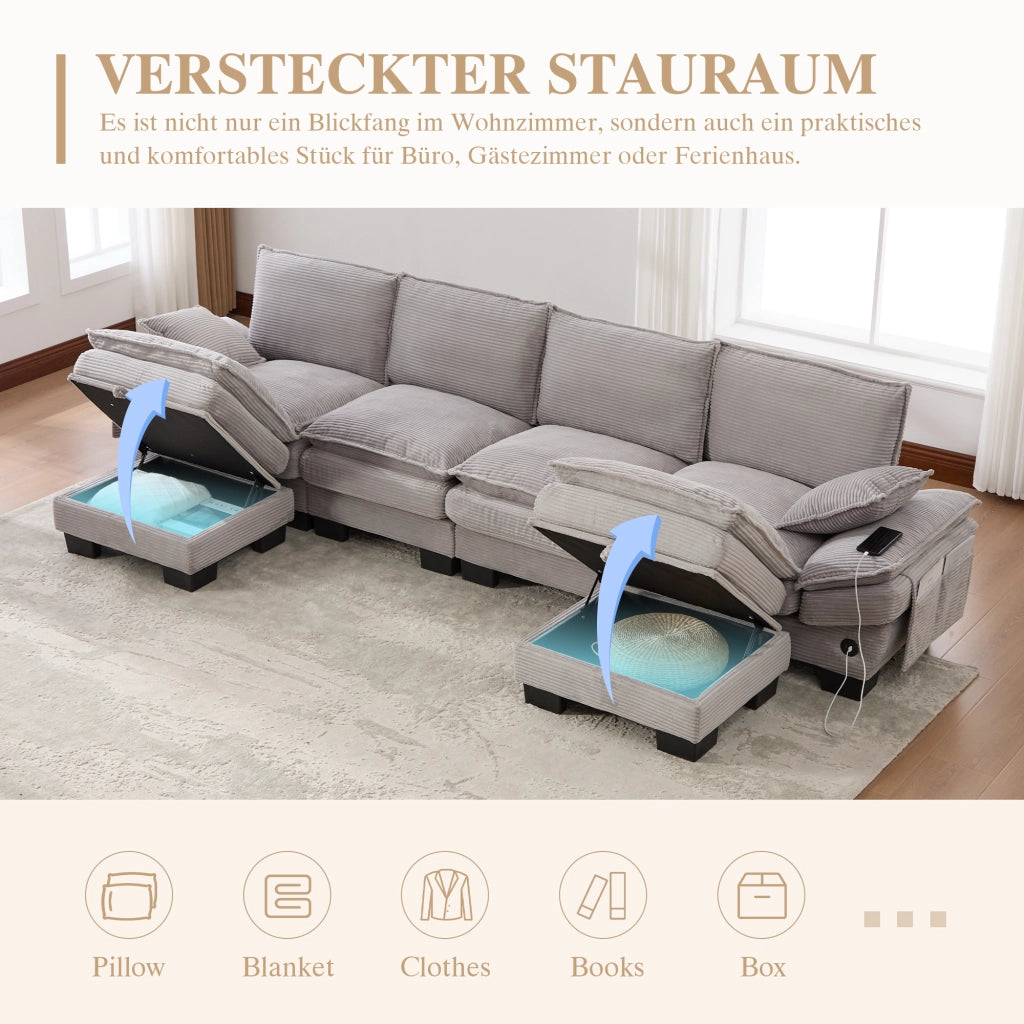 SOFA 4 POSTI in corduroy 330x132x84 cm grigio chiaro con 2 hocker