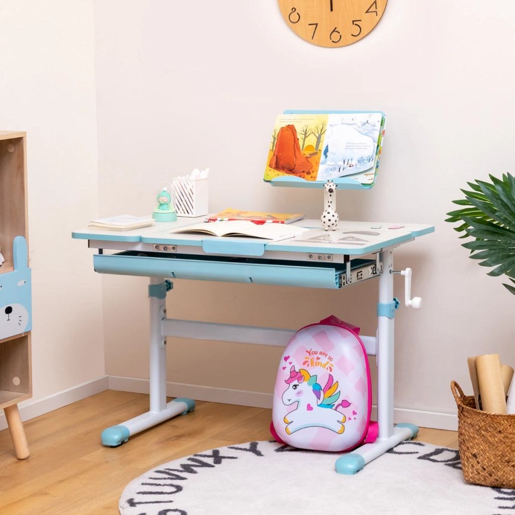 Scrivania per bambini regolabile in altezza e sedia per scrivania, Tavolo ergonomico azzurro e sedile girevole a rete-Tavoli e sedie