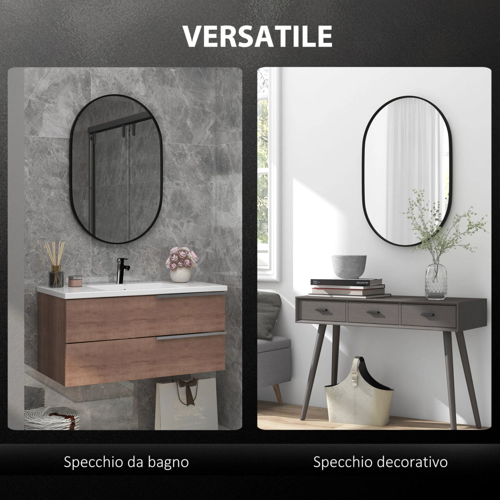 Specchio Bagno Ovale da Parete con Cornice in Alluminio. Verticale o Orizzontale. 60x90cm. Nero