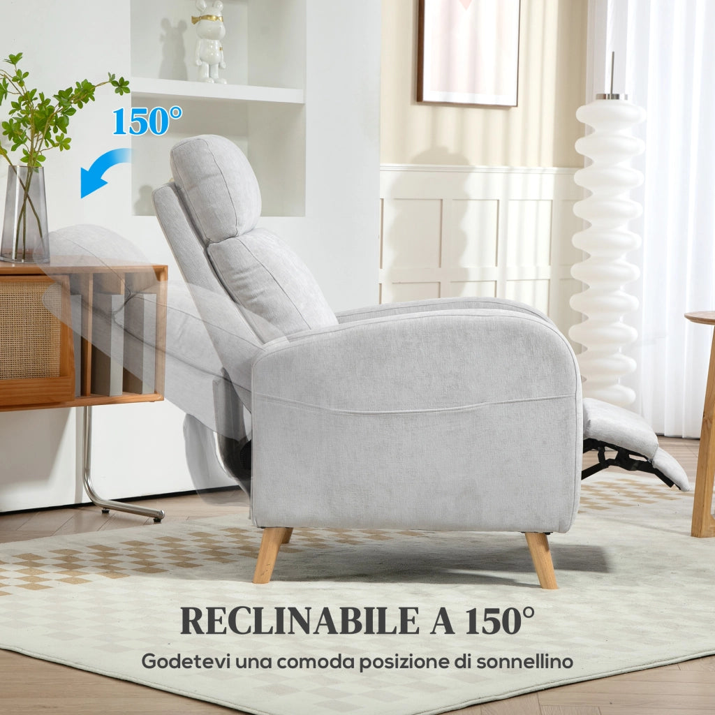 Poltrona Reclinabile 150¡ã max con Poggiapiedi, in Tessuto Effetto Lino, 68x90x106 cm, Grigio Chiaro