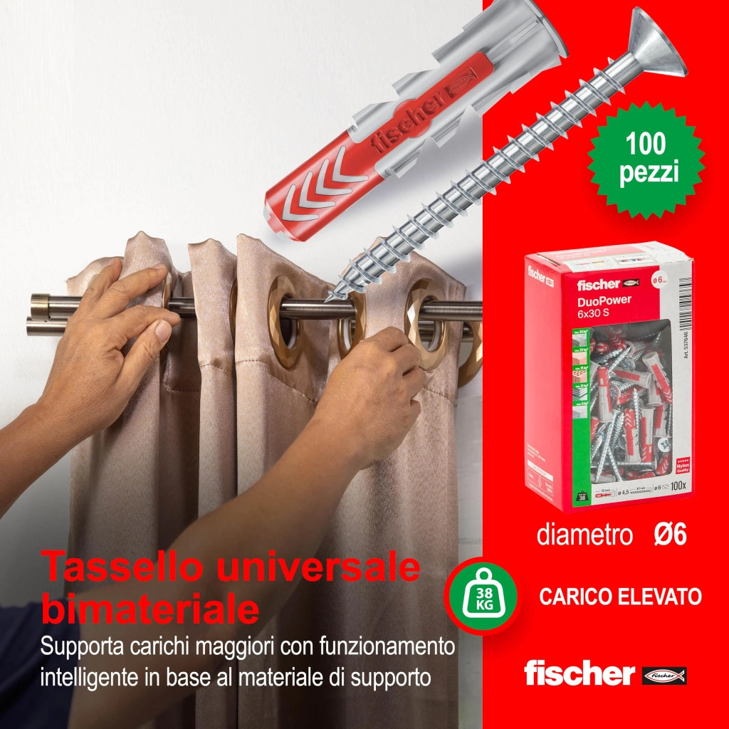 Tassello Duopower S 6 x 30 Vite T.s.p. Pozi Fischer 100 Pezzi